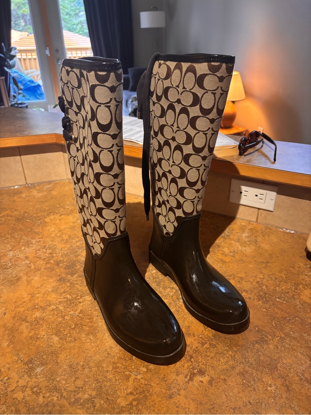 Coach Brown and Cream Signature Logo Tall Rain Boots